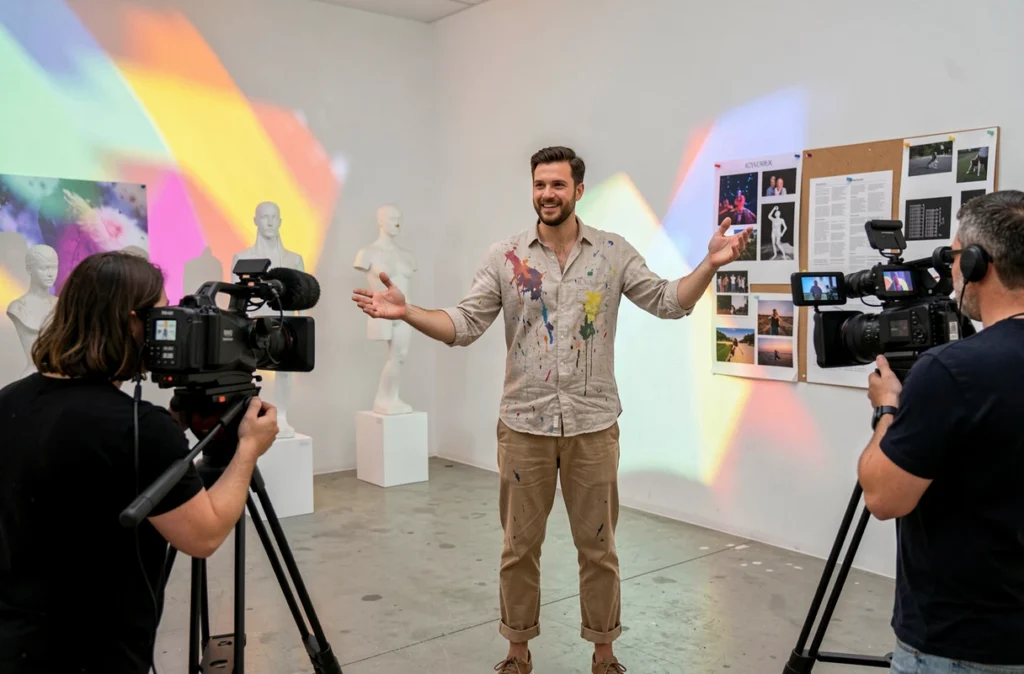 Fava officiel, vidéaste création artistique, dirigeant un tournage artistique stylisé dans un espace galerie minimaliste avec projections colorées