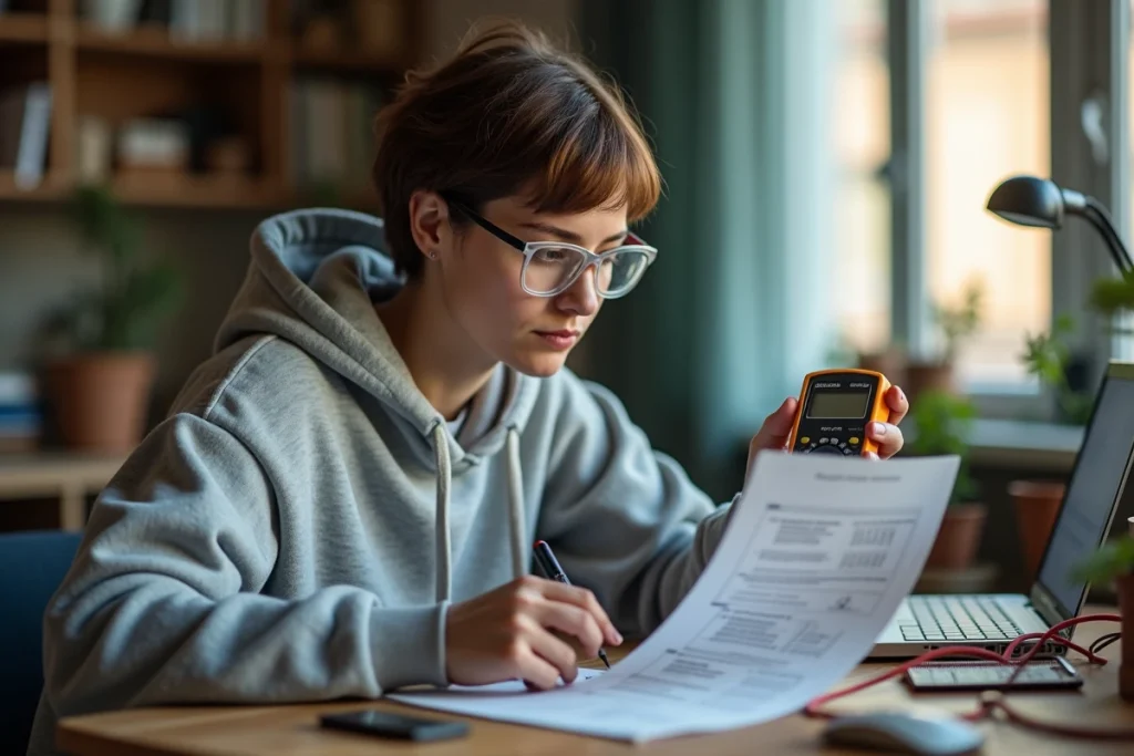 Femme apprentie électronicienne lisant les résultats d'un test de diode sur un multimètre à son bureau à domicile