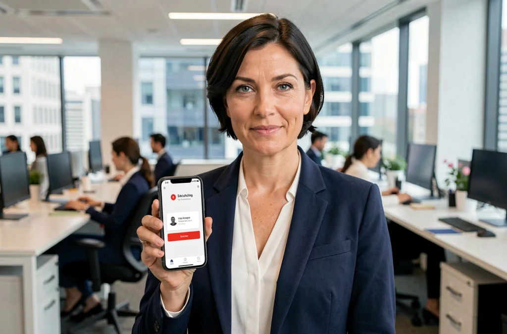 Femme en bureau vérifiant une application de sécurité sur smartphone avec alerte de changement de nom suspect