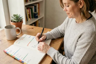 Femme organisant son planning avec un calendrier semaine paire impaire 2026 sur un bureau en bois à domicile