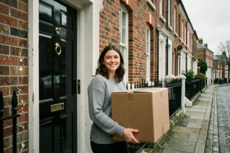 Femme emménageant dans une maison en briques rouges typique de Dublin lors de la crise du logement