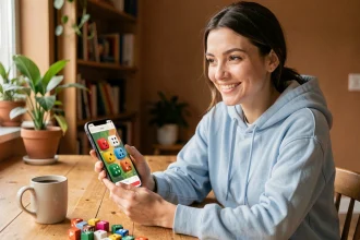 Femme jouant à Monopoly GO sur smartphone à une table de cuisine avec des jetons de jeu de société éparpillés autour d'elle