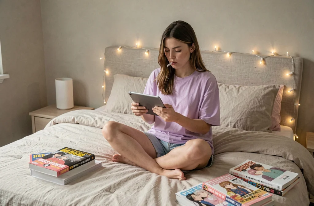 Jeune femme lisant des yaoi sur tablette dans sa chambre entourée de volumes de manga posés sur son lit