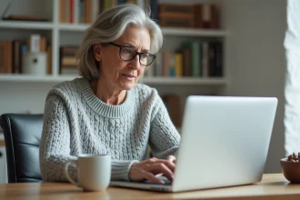 Femme utilisant un annuaire téléphonique en ligne sur son ordinateur portable dans un bureau à domicile
