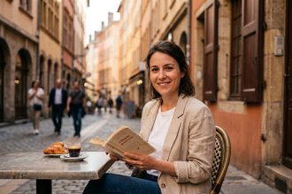 Femme détendue en terrasse de café dans le Vieux-Lyon, illustrant l'équilibre vie professionnelle et vie privée à Lyon