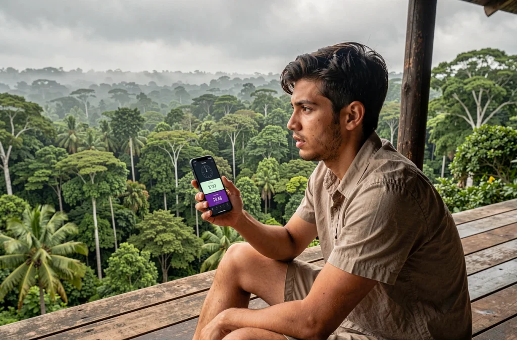 Jeune homme consultant un fuseau horaire sur smartphone en Guyane avec vue sur la forêt amazonienne