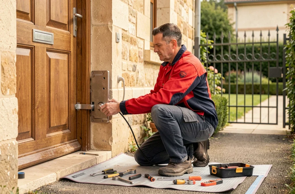 Serrurier installant un système de serrure multipoints sur la porte d'une maison à Saint-Maur pour Generale de Serrurerie