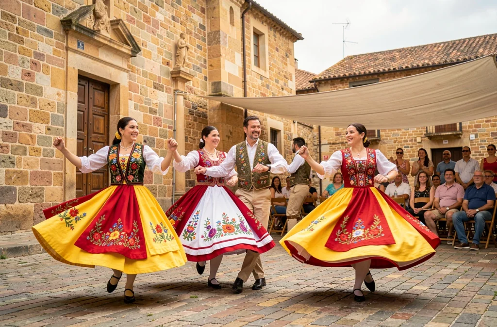 Groupe de danseurs traditionnels en costume aragonais performant la jota sur une place de village espagnol