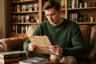 Homme consultant un guide de visionnage du Seigneur des Anneaux entouré de livres Tolkien dans un salon chaleureux