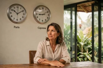 Femme regardant deux horloges murales indiquant l'heure à Paris et en Guyane française