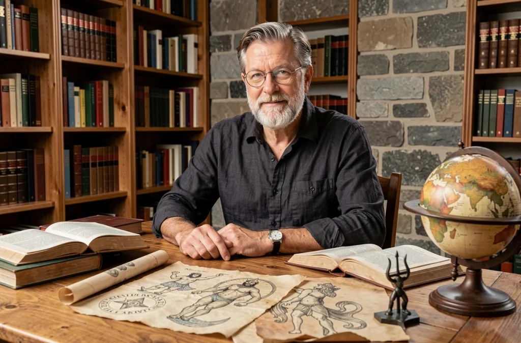 Historien spécialiste des mythologies comparant les dieux grecs et nordiques de la mer dans une bibliothèque de recherche