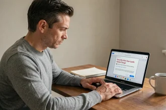 Homme lisant une alerte de sécurité sur son ordinateur portable concernant un changement de nom de logiciel