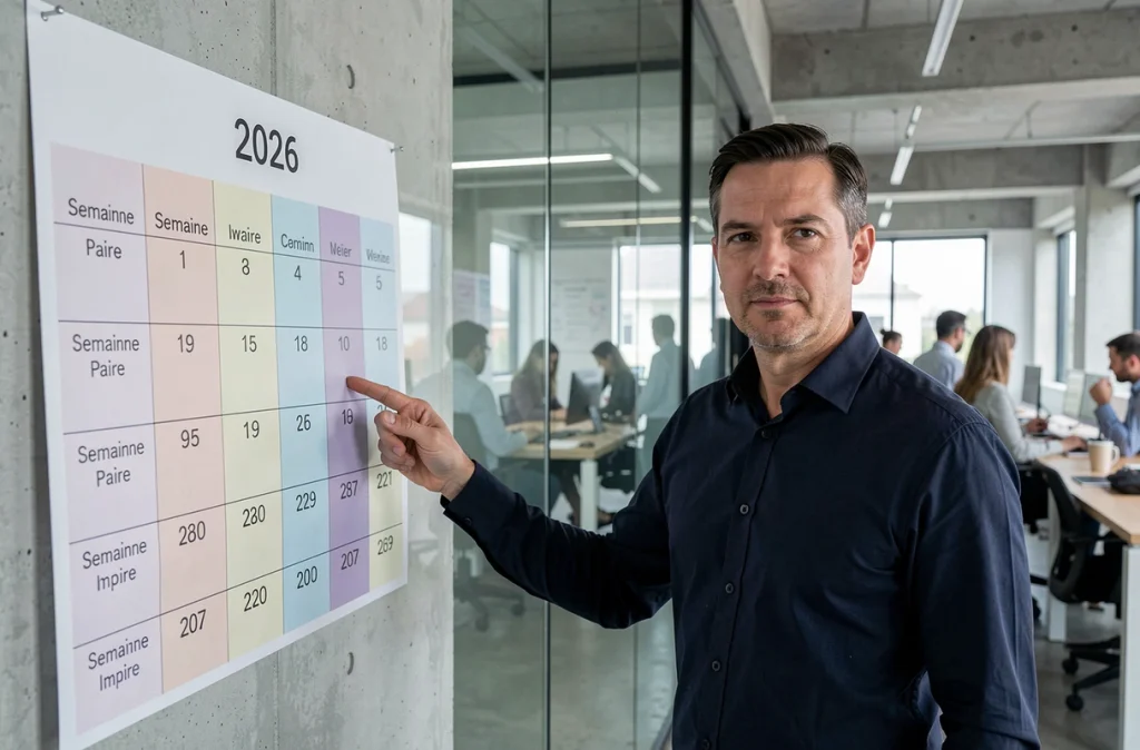 Homme en entreprise utilisant un grand calendrier mural semaine paire impaire 2026 dans un bureau moderne