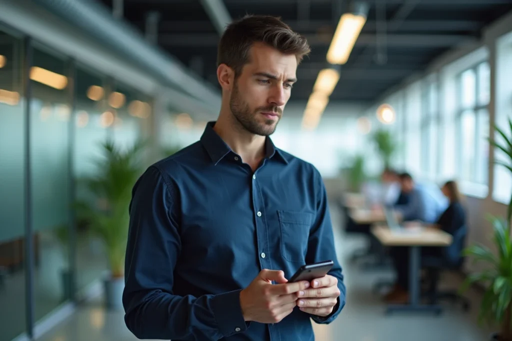 Homme consultant un annuaire de particuliers sur son smartphone dans un bureau moderne