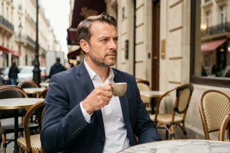 Homme élégant assis à une terrasse de café parisien, pensif, illustrant la reconversion après une rupture professionnelle médiatique