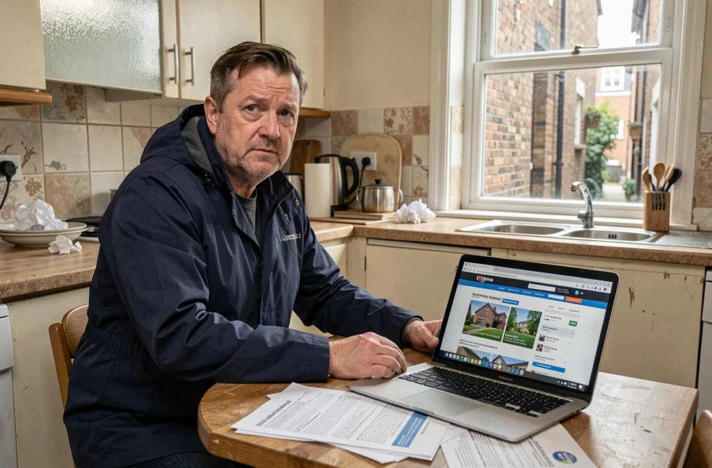 Homme consultant des annonces immobilières dans un petit appartement dublinois face à la crise du logement