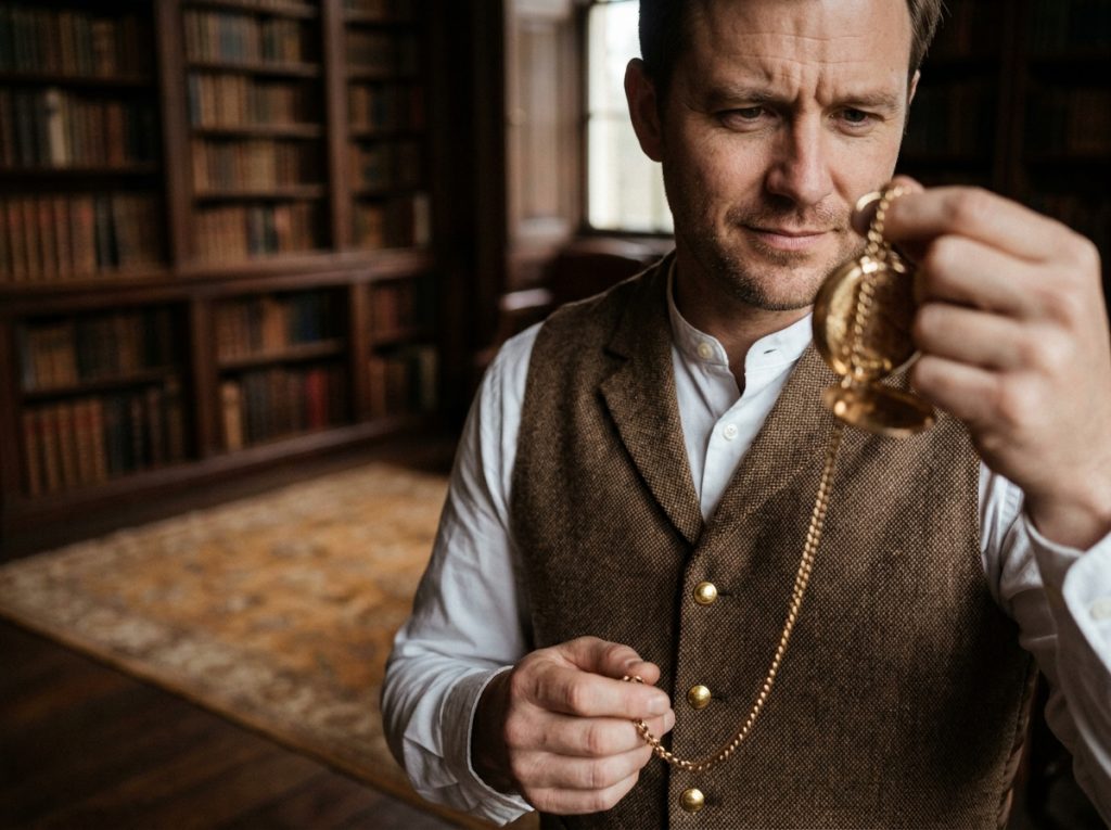 Homme en gilet steampunk tenant une montre à gousset dorée dans une bibliothèque victorienne avec étagères en acajou