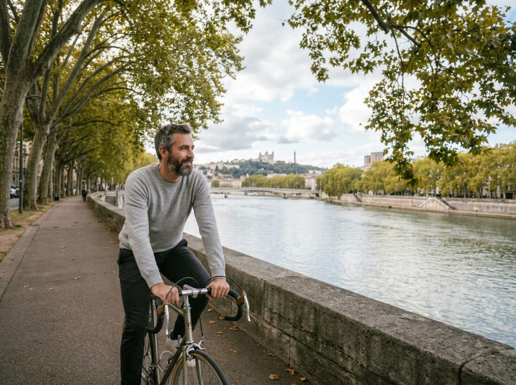 Homme à vélo sur les berges du Rhône à Lyon, symbole du mode de vie équilibré et du bien-être urbain dans la ville