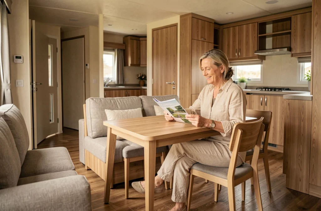 Intérieur confortable et moderne d'un mobil-home de luxe avec salon ouvert sur cuisine, sol en bois et une femme assise à table consultant une brochure