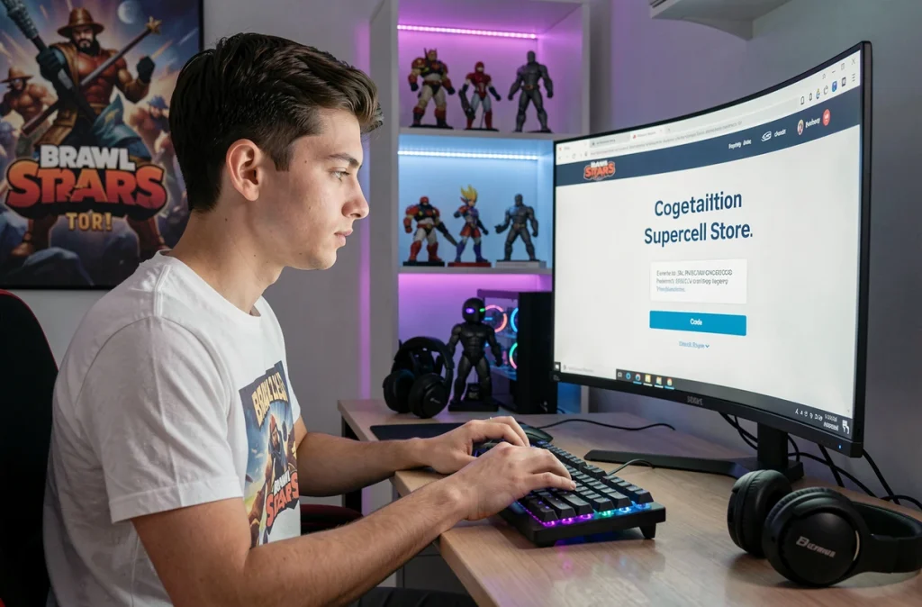 Joueur vérifiant un code Supercell Store Brawl Stars sur PC depuis le site officiel dans une pièce gaming
