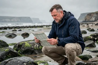Homme consultant un tableau des marées sur les rochers de la baie de Saint-Brieuc à marée basse