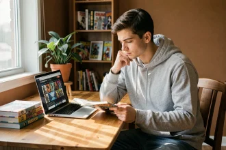 Jeune homme adulte lisant des mangas boys love sur son ordinateur portable et en version papier dans son appartement cosy
