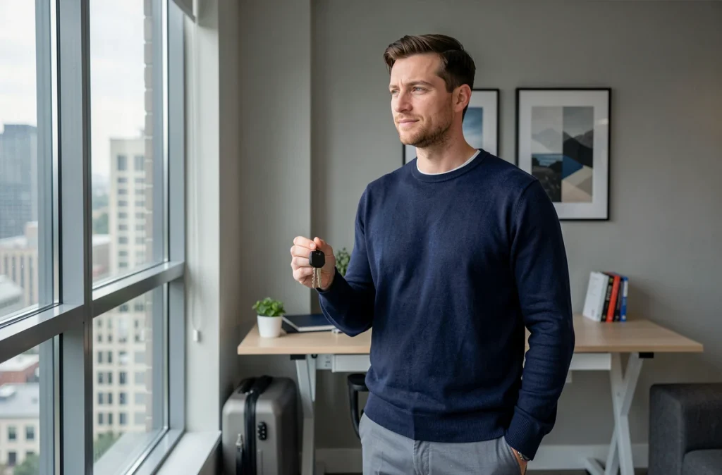 Homme tenant des clés d'appartement en location mobilité avec vue sur la ville en arrière-plan