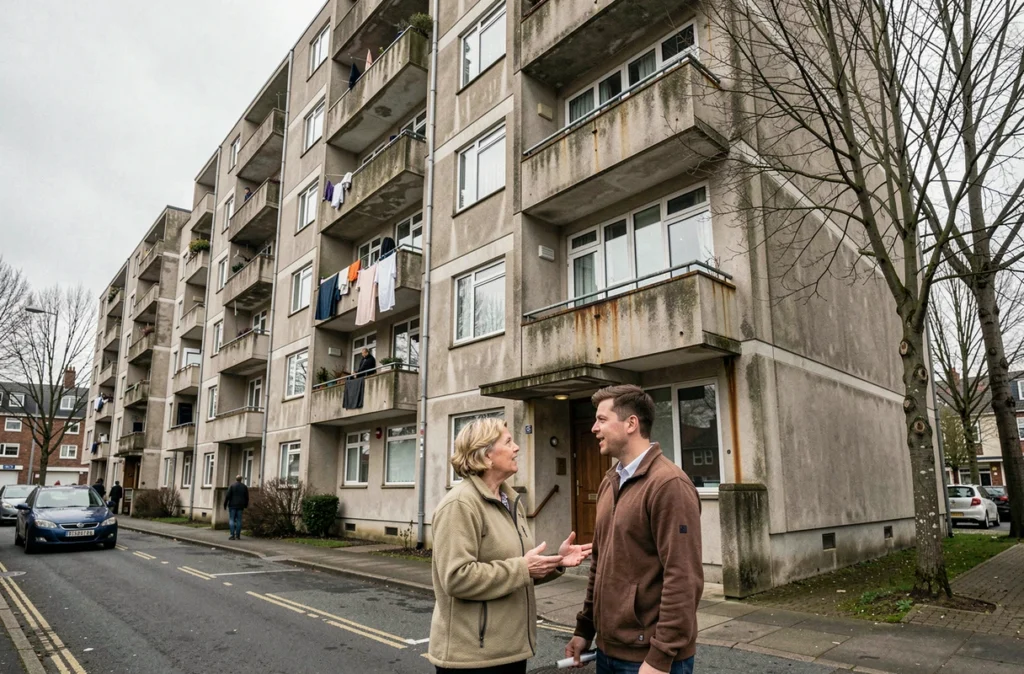 Immeuble de logements sociaux à Dublin avec des résidents devant l'entrée illustrant la crise immobilière irlandaise