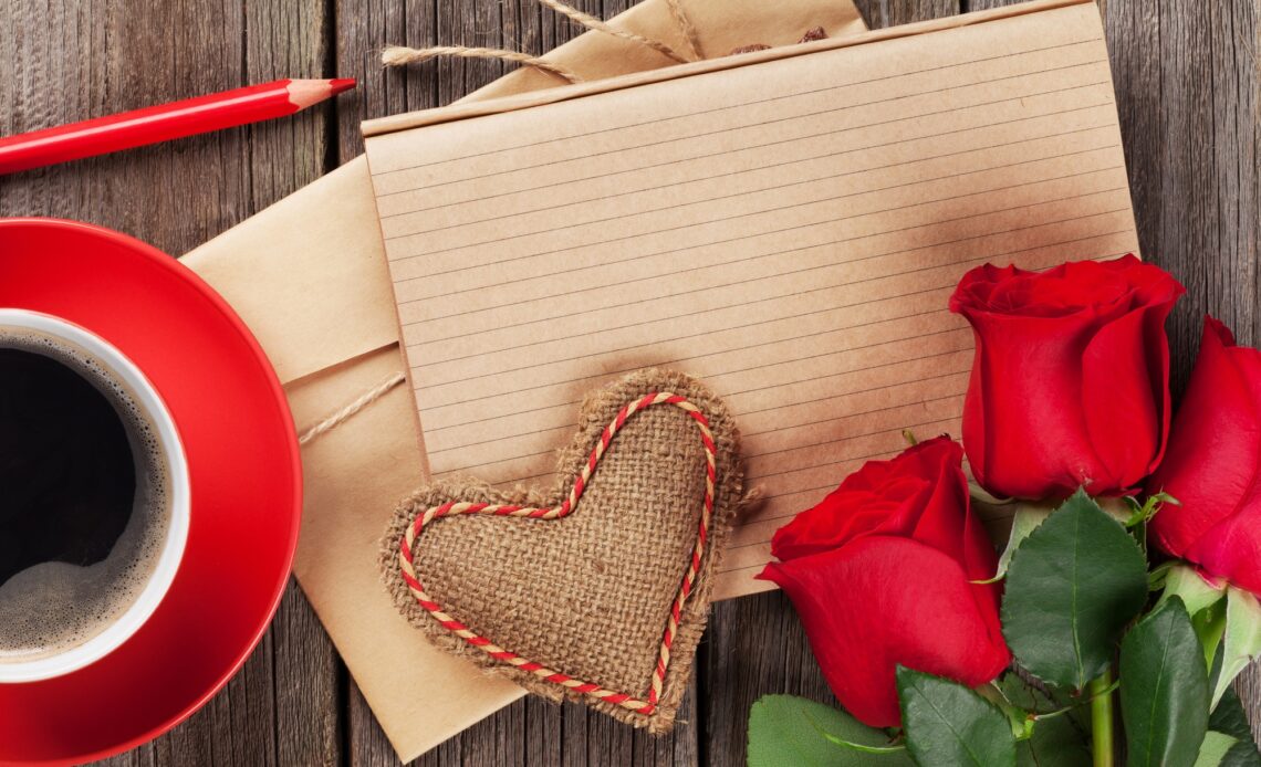 Love letter notepad, red roses and coffee cup
