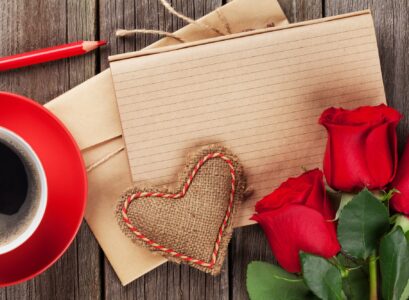 Love letter notepad, red roses and coffee cup