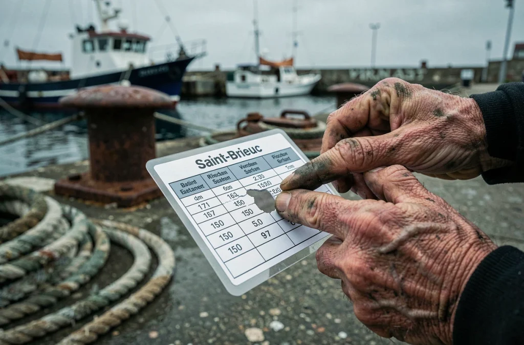 Gros plan sur les mains d'un marin tenant une carte des marées au port de Saint-Brieuc