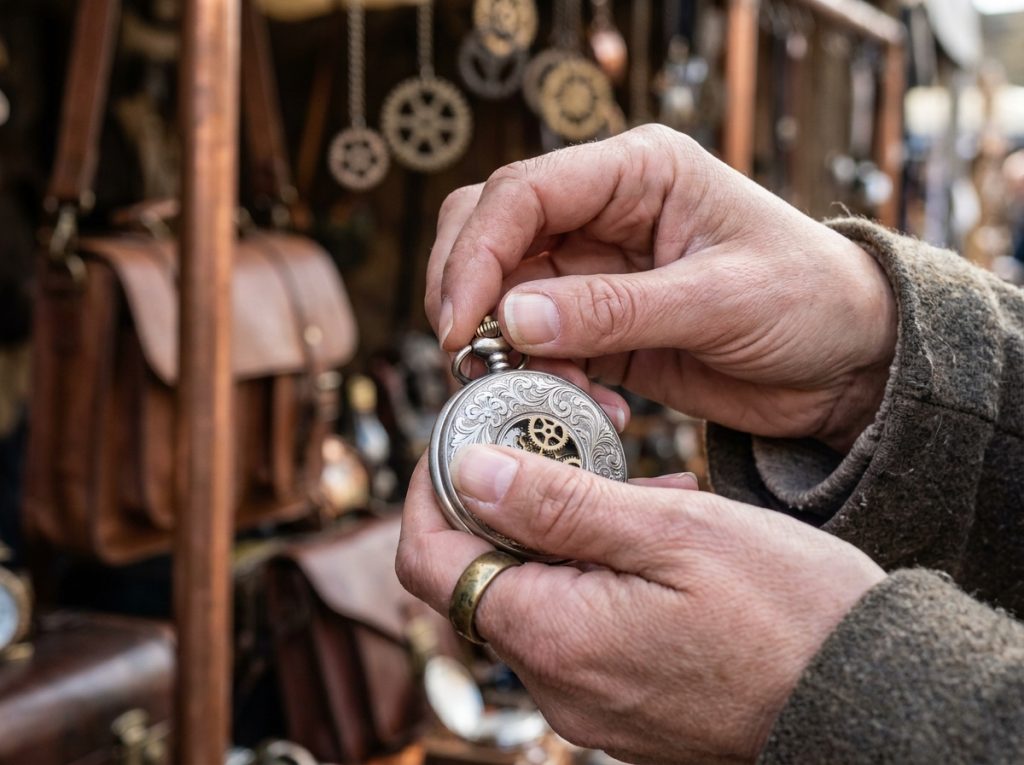Gros plan de mains féminines remontant une montre à gousset en argent gravée dans un marché artisanal steampunk en plein air