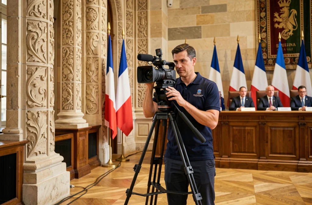 Vidéaste institutionnel public de la Mairie de Lille, filmant une conférence de presse officielle dans une salle de la mairie avec colonnes en pierre et drapeaux français