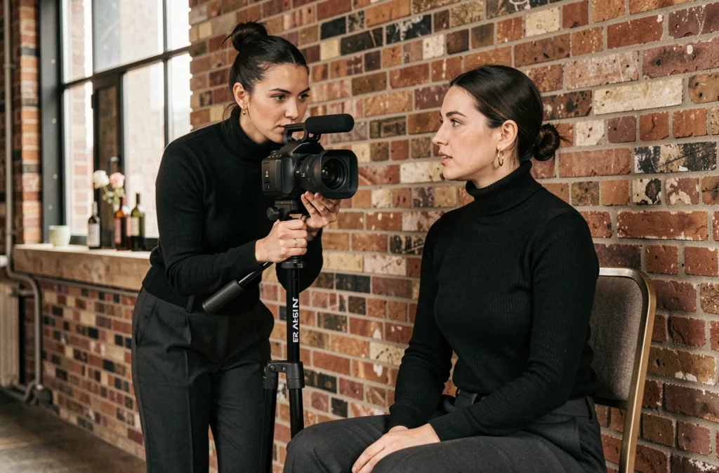 Margaux, vidéaste portrait et événementiel, cadrant un sujet dans un loft industriel converti avec mur de briques apparentes