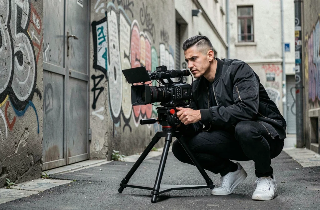 Mat.artscape, vidéaste spécialisé clip et publicité, filmant une séquence en extérieur urbain avec caméra cinéma sur rig professionnel