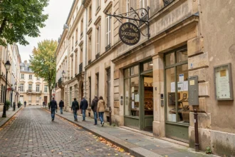 Vue de rue d'une ville française en banlieue avec une boutique de serrurier traditionnelle et son enseigne en fer forgé à Saint-Maur-des-Fossés
