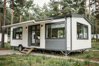 Mobil-home haut de gamme moderne garé dans un camping verdoyant entouré de pins, avec une façade en panneaux blancs et gris et de grandes fenêtres panoramiques