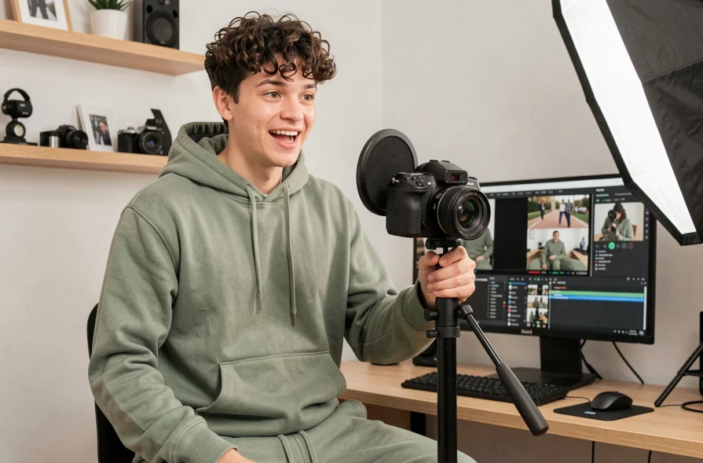 MonsieurFlorianc, vidéaste contenu digital, enregistrant une vidéo dans son studio maison avec setup caméra et moniteur de montage