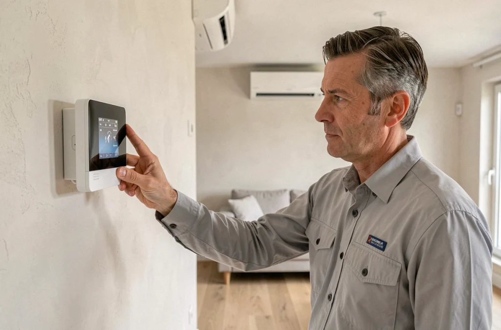 Spécialiste chauffage et climatisation réglant un thermostat connecté dans une maison du sud 77