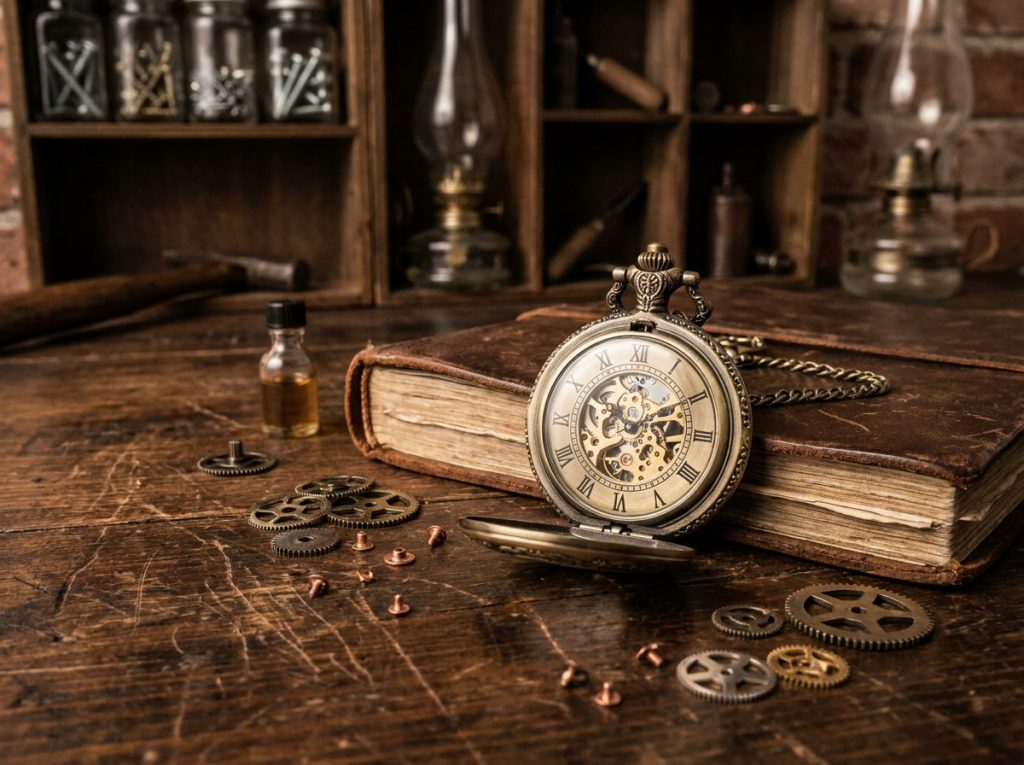 Montre à gousset en laiton ouverte sur un journal en cuir avec engrenages steampunk dans un atelier artisanal vintage