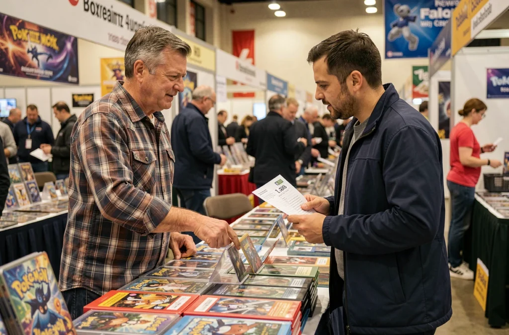 Deux collectionneurs négociant le prix de cartes Pokémon sur un stand de foire d'échange en comparant cote officielle et valeur marchande réelle
