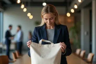 Femme professionnelle examinant un sac en toile de qualité avec logo d'entreprise lors d'un événement corporate