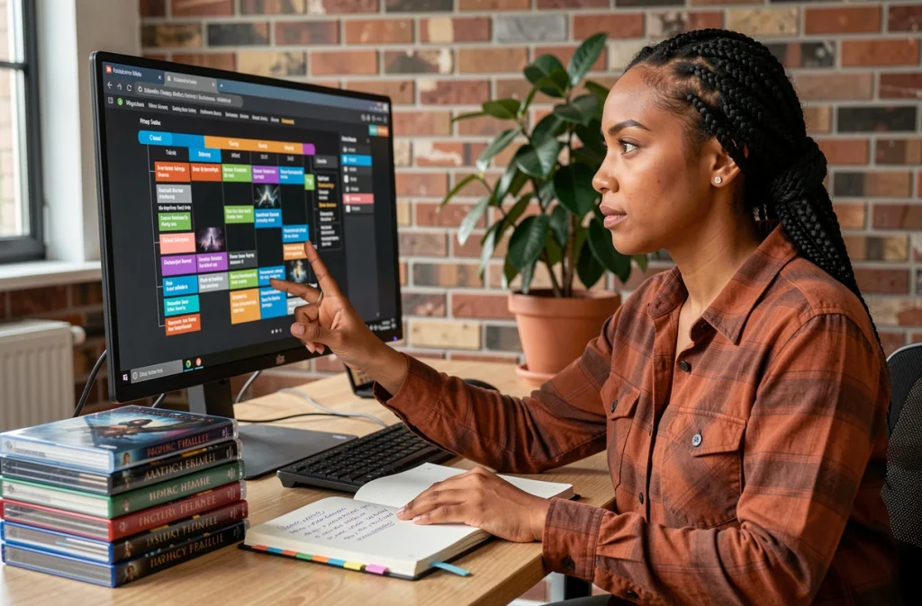 Femme organisant l'ordre de visionnage des films du Seigneur des Anneaux sur son ordinateur de bureau