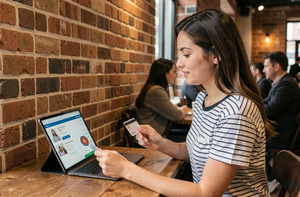 Jeune femme payant en ligne avec une carte bancaire sur une tablette dans un café urbain