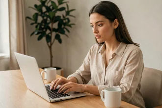 Femme effectuant un paiement sécurisé en ligne sur son ordinateur portable depuis un bureau à domicile