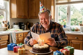 Papa joyeux portant un chapeau d'anniversaire rigolo et lisant une carte humoristique autour d'un gâteau d'anniversaire en famille