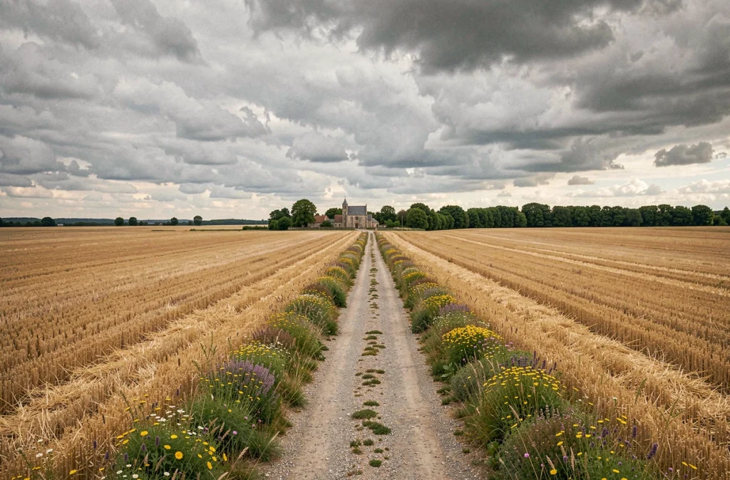 Paysage agricole ouvert avec chapelle villageoise en arrière-plan dans la campagne de Bésigny