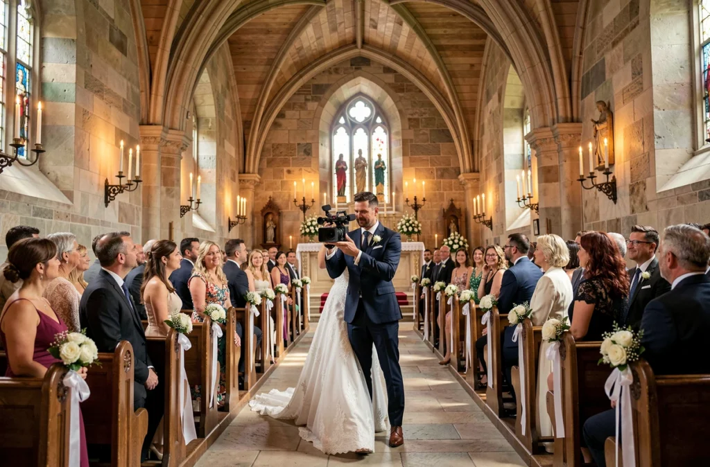 Pic's me five, vidéaste mariage haut de gamme, filmant discrètement une mariée dans une chapelle de château décorée pour une cérémonie élégante