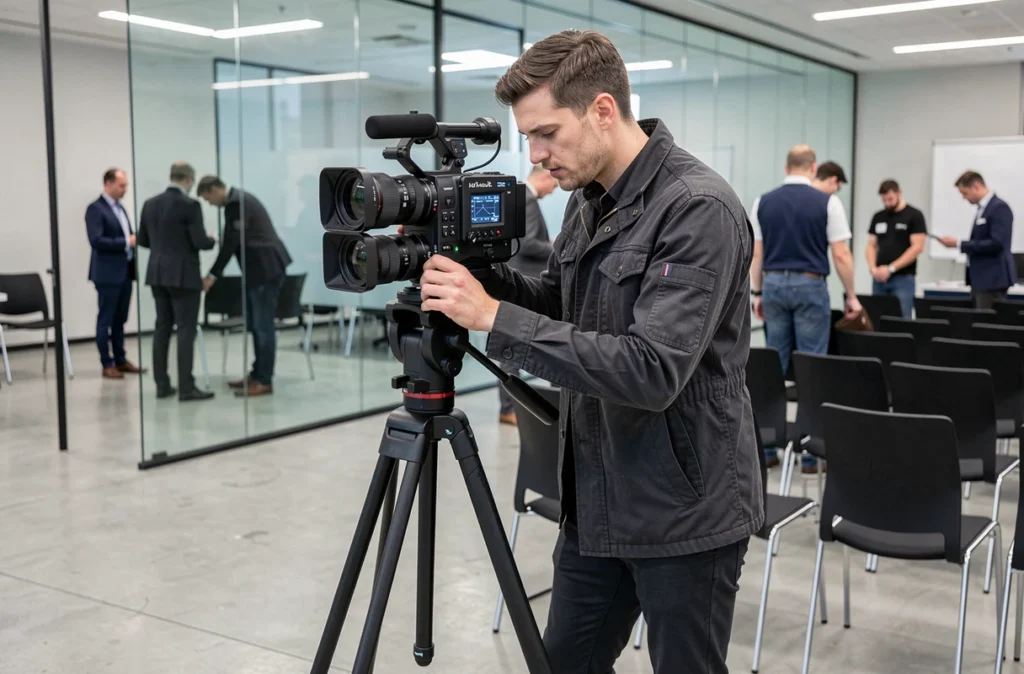 Pierre-Alexandre Hage, vidéaste événementiel polyvalent, opérant une caméra cinéma dans une salle de conférence moderne