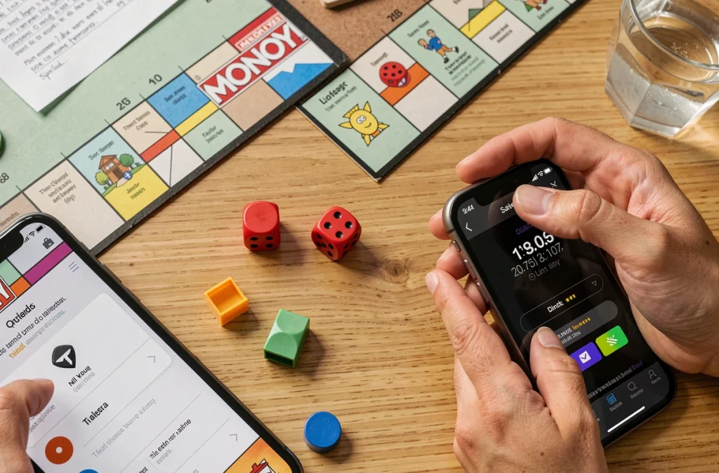 Vue de dessus d'un plateau de jeu Monopoly avec des dés et un smartphone affichant des liens de dés gratuits et un minuteur